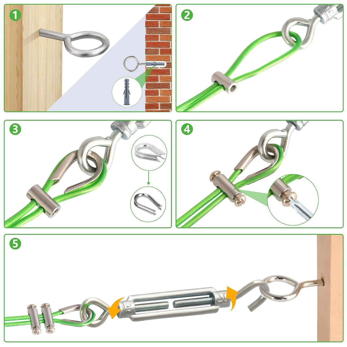 Turnbuckles for Cables Wire, 1/8" X 100Ft Green PVC Coated Wire Rope Kit, Multi-use Steel Cable for