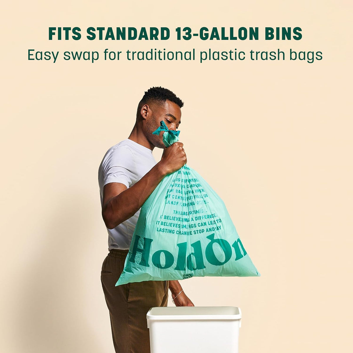 HoldOn 13-Gallon Trash Bags – Plant-based Tall Kitchen Trash Bags with Drawstring Handles for Tall