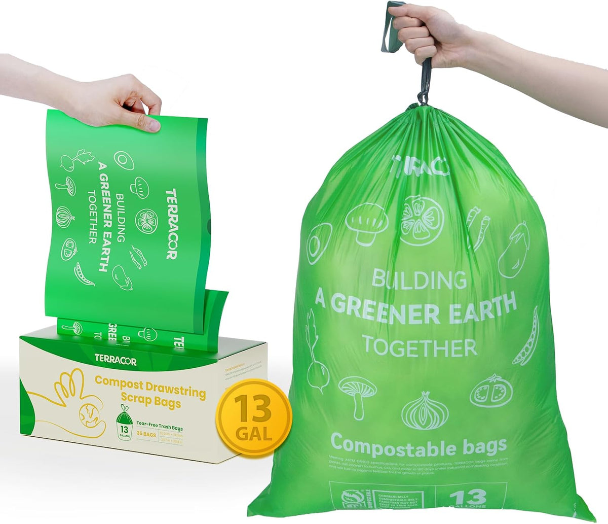 13 Gallon Compostable Trash Bags Liners Drawstring, Heavy Duty Extra Thick 1 Mil, 49.21 Liter, 35