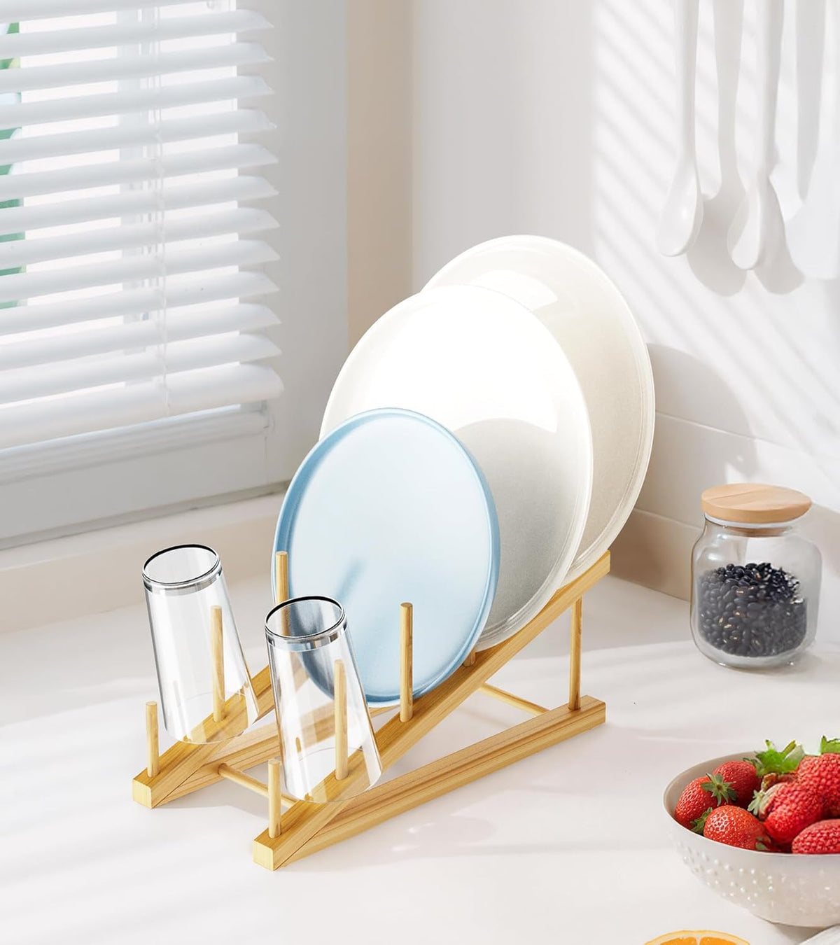Bamboo Dish Drying Rack, 5 Slots Kitchen Organizer Craft Show Display Stand for Holds Plates, Bowls