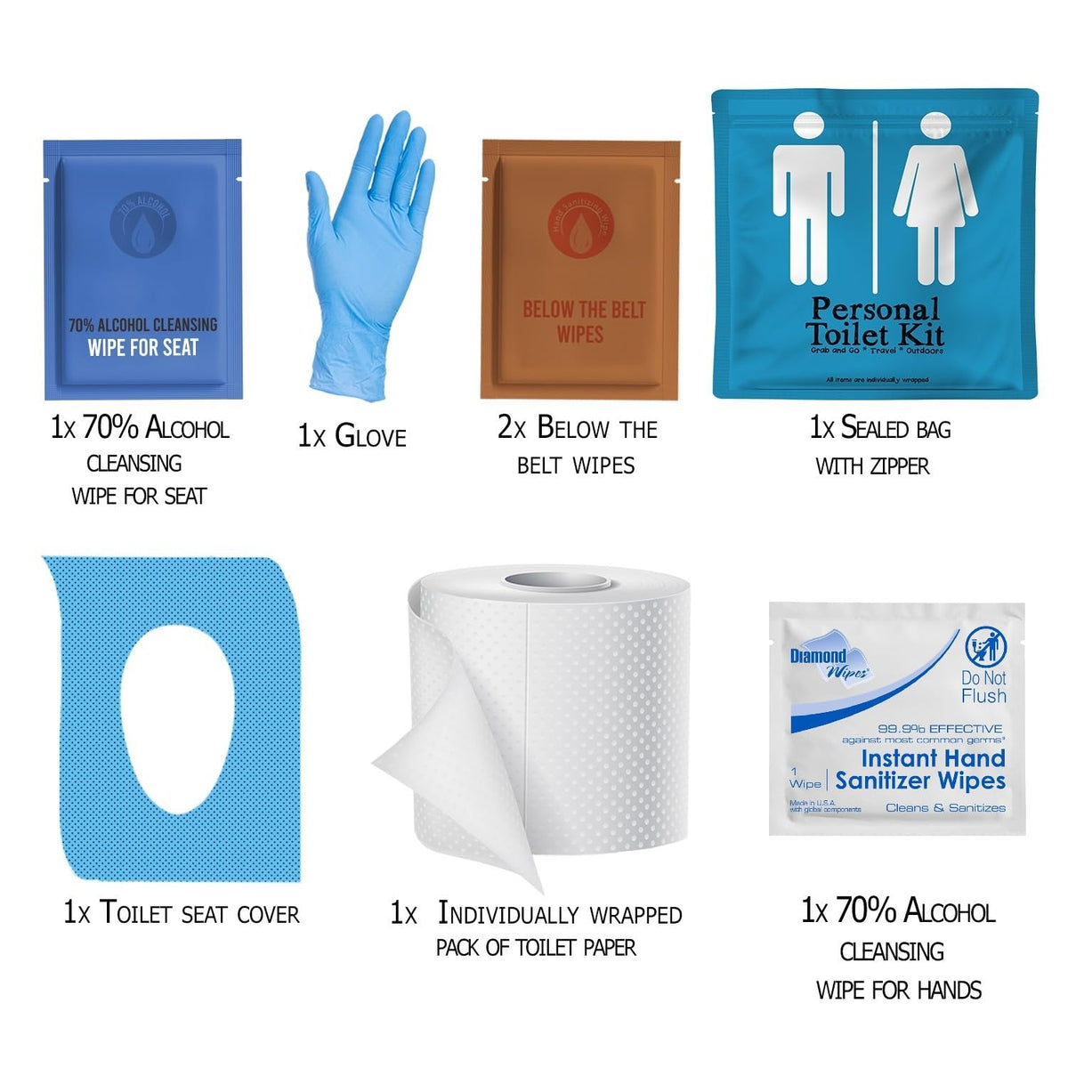 Personal Toilet Kit To Go – 10 Pack | Disposable Public Restroom Kit | Individually Wrapped for