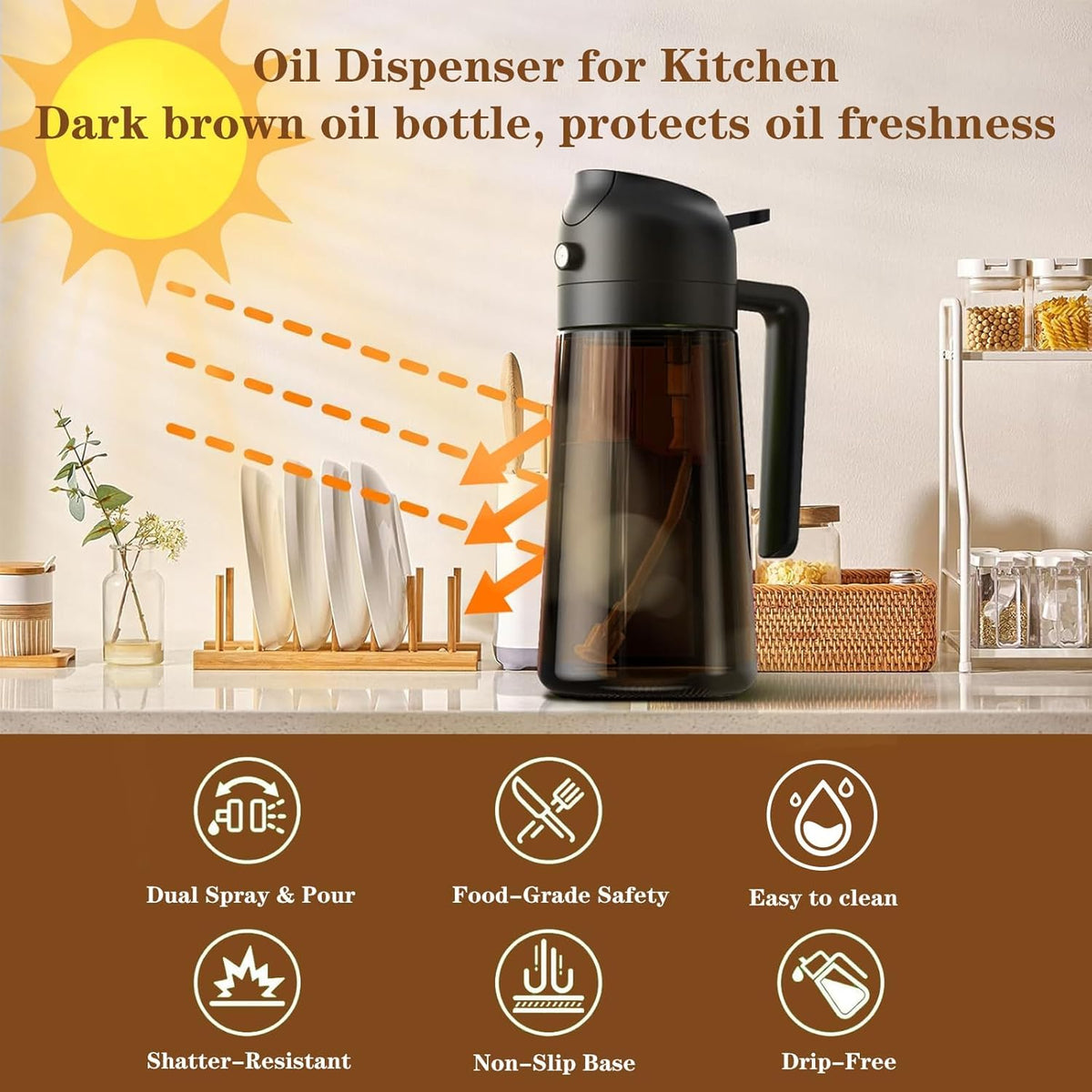 2-in-1 Glass Oil Dispenser & Sprayer - 16oz/470ml Leakproof Bottle for Cooking, Air Fryer, BBQ