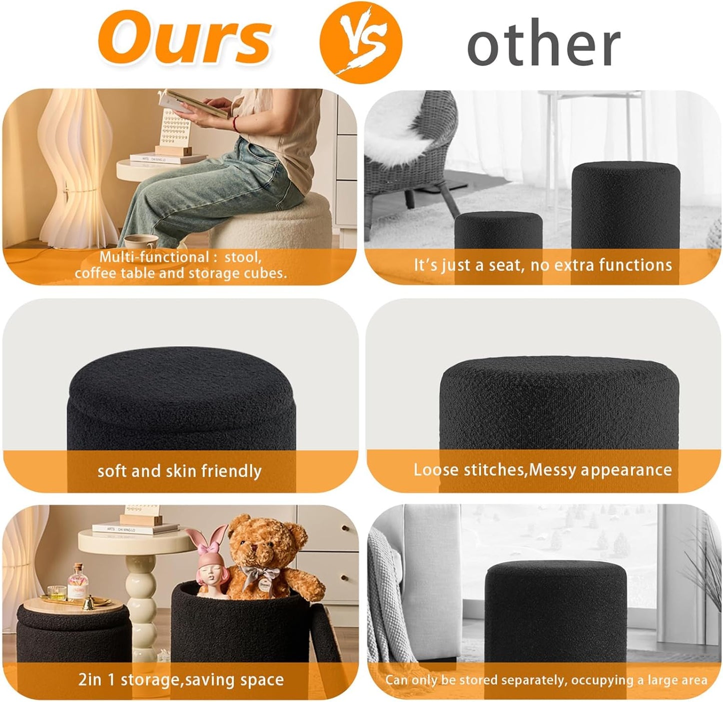 Round Ottoman with Storage Set of 2-Upholstered Sherpa Vanity Stool for Makeup Multifunctional