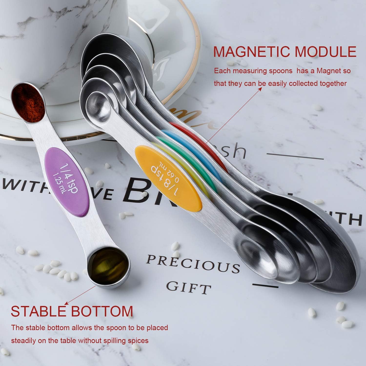 Magnetic Measuring Spoons Set Stainless Steel Stackable Dual Sided Teaspoons and Tablespoons for