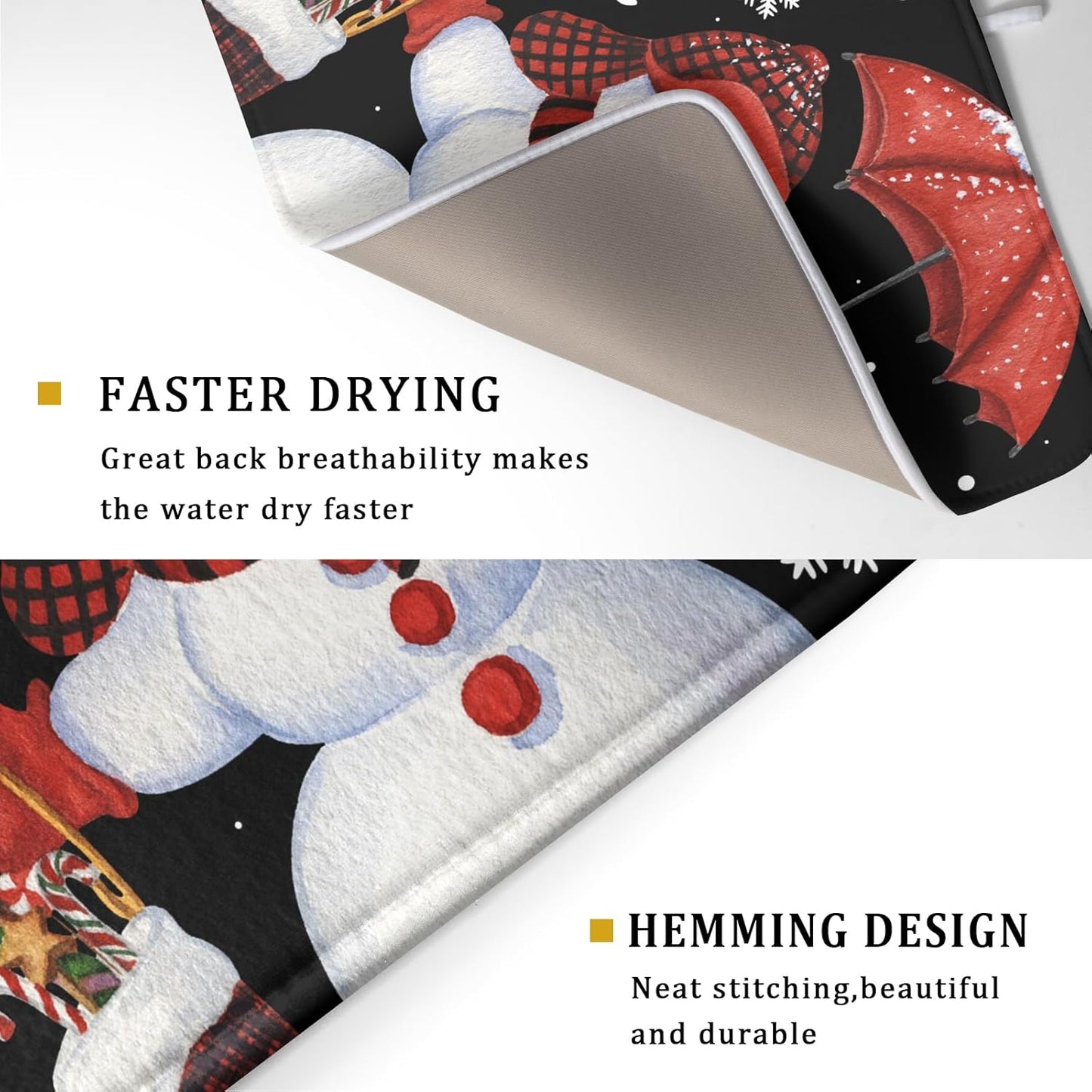 Black Snowman Dish Drying Mats for Kitchen Counter, Winter Snowflake Dish Mat Absorbent Reversible