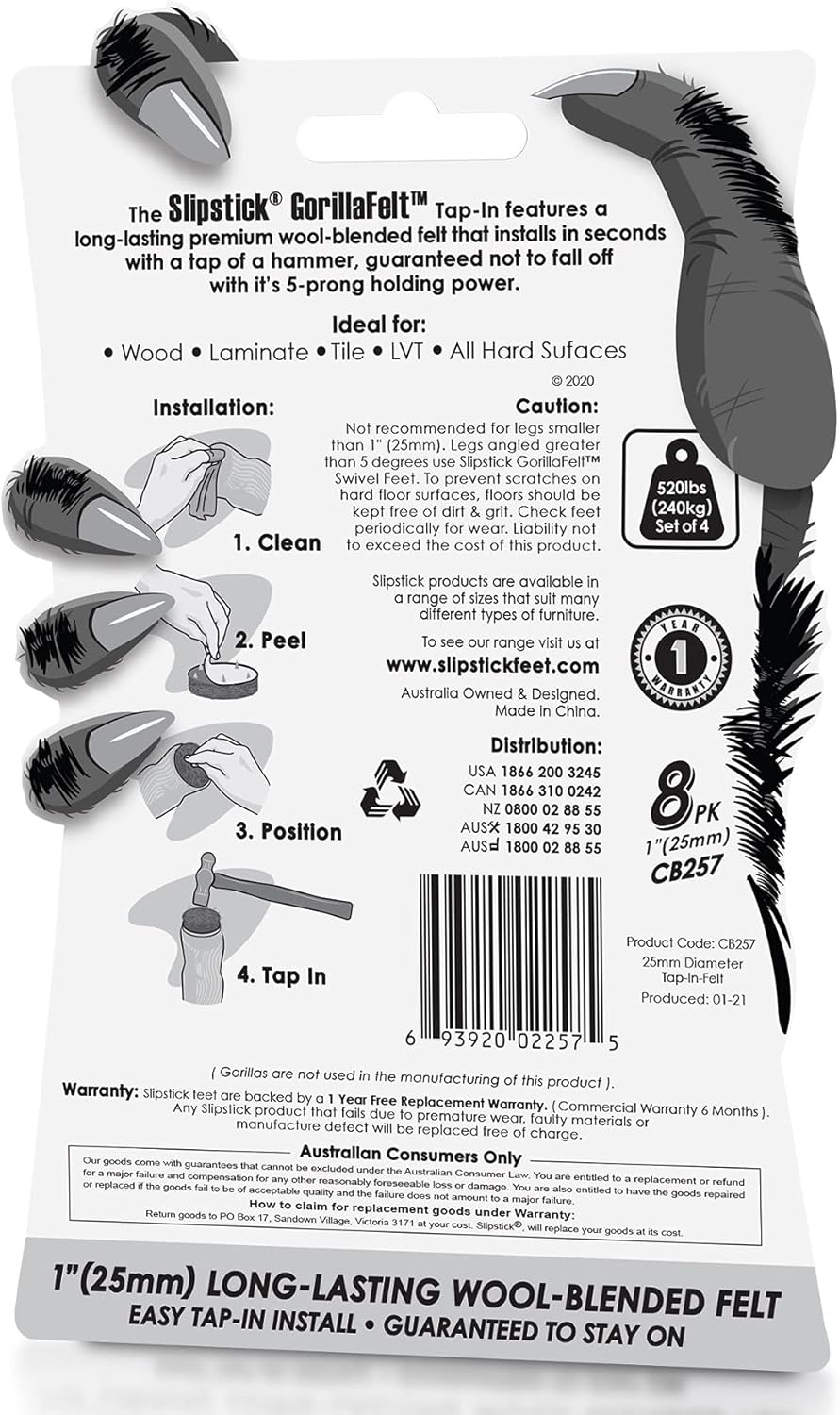GorillaFelt CB257 Chair Leg Floor Protectors/Felt Glides (Set of 8) Tap On Felt Furniture Pads