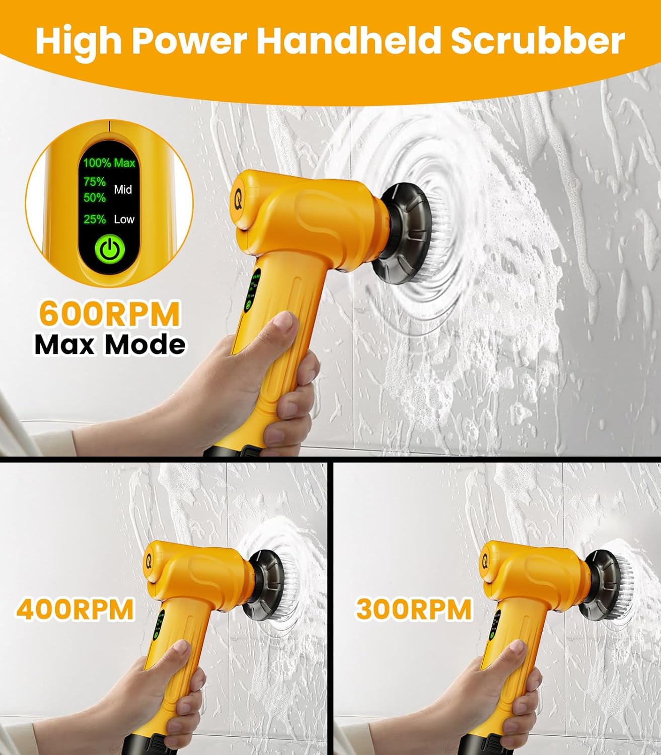qimedo Battery Electric Spin Scrubber Q4, 800RPM Handheld Scrubber for Cleaning with Display, Power