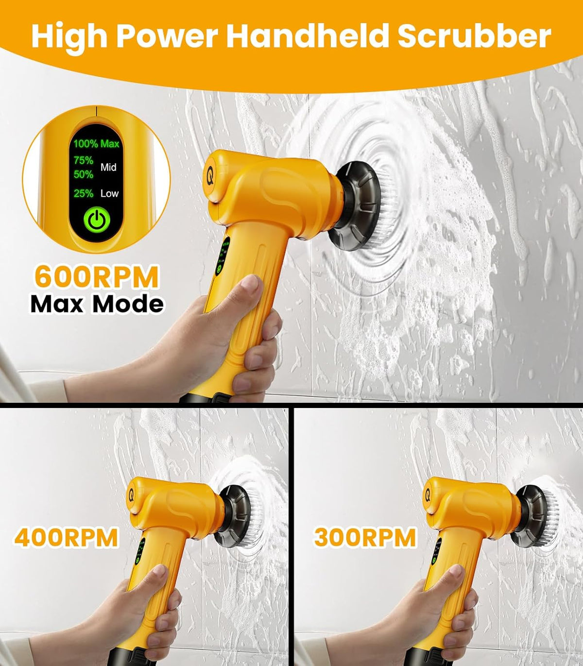qimedo Battery Electric Spin Scrubber Q4, 800RPM Handheld Scrubber for Cleaning with Display, Power