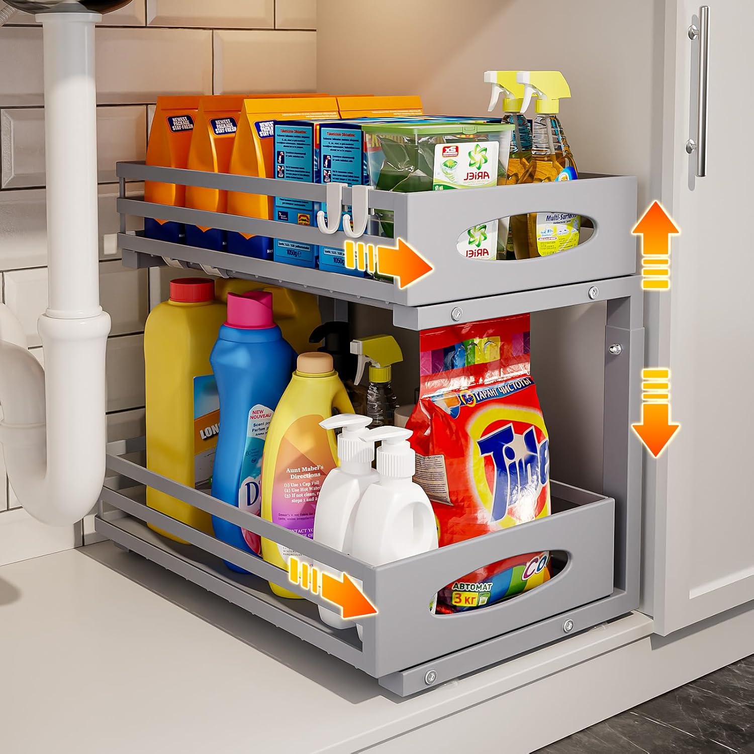 Under Sink Organizer, 2 Tier Under Sink Organizers and Storage, Adjustable Height, Slide Out Metal