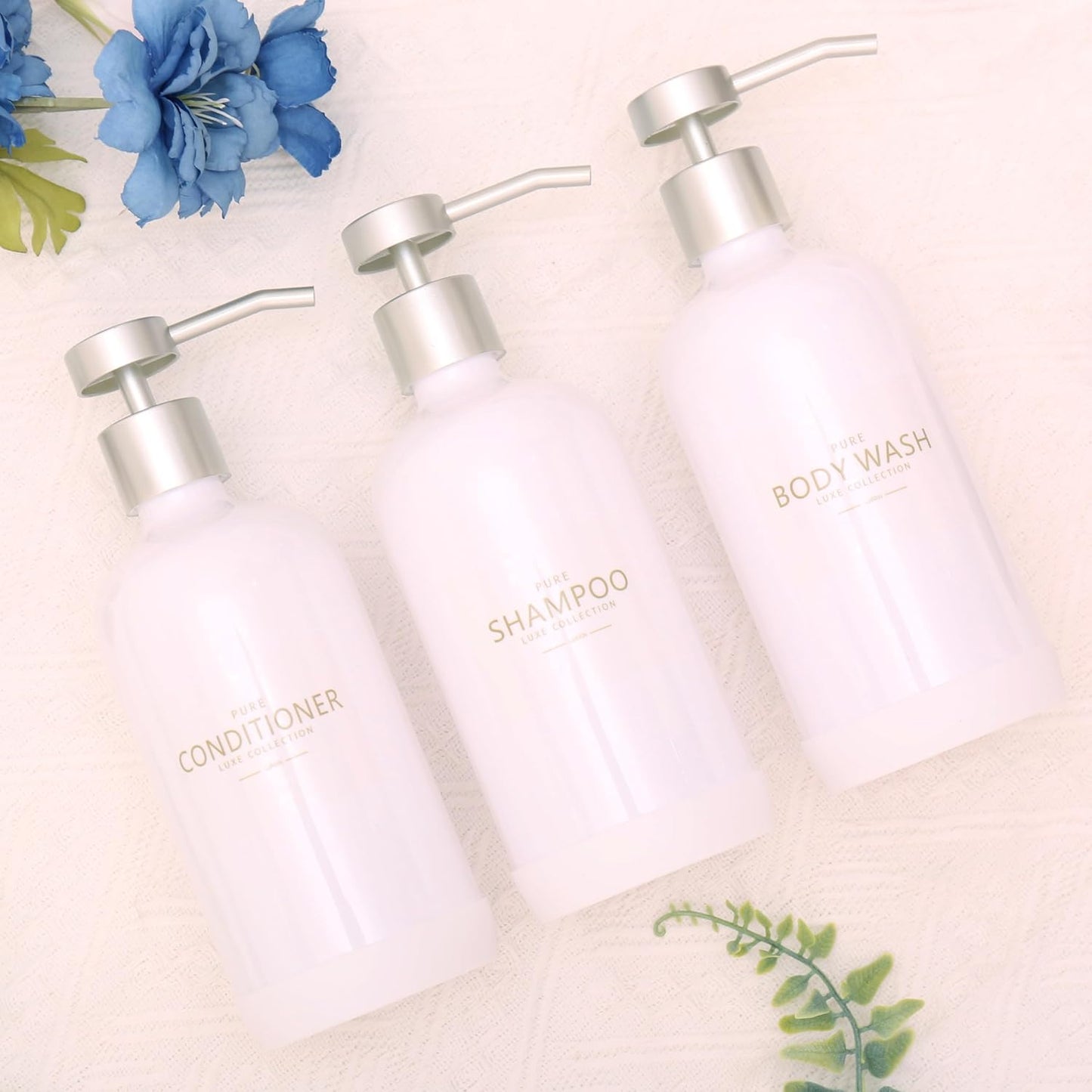 Shampoo and Conditioner Dispenser Set of 3,Refillable 21oz Shampoo Bottles with Non-Slip Protective