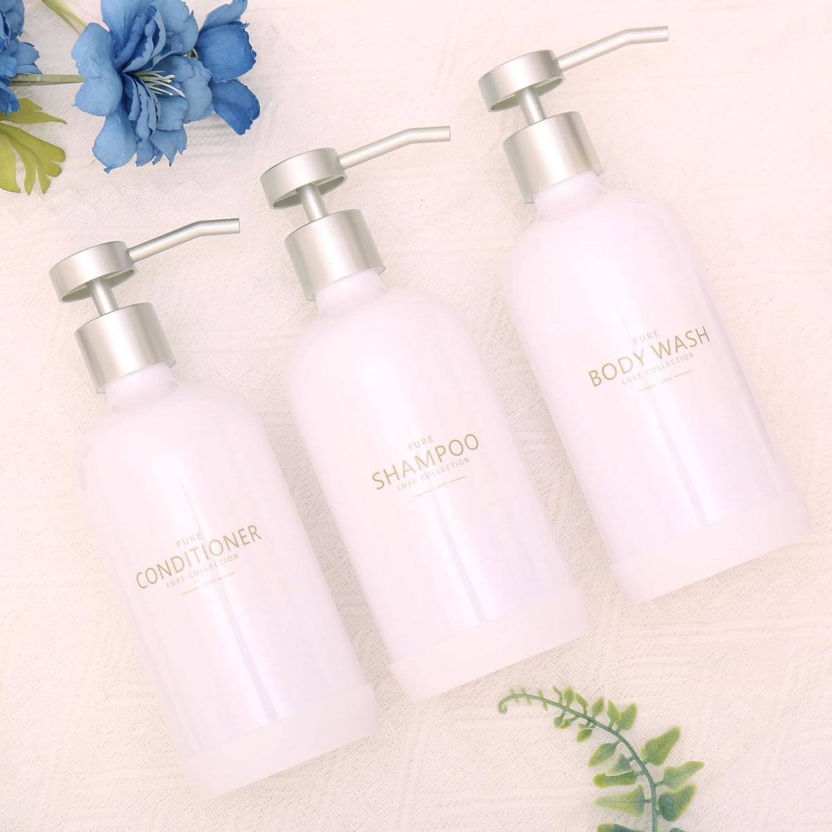 Shampoo and Conditioner Dispenser Set of 3,Refillable 21oz Shampoo Bottles with Non-Slip Protective