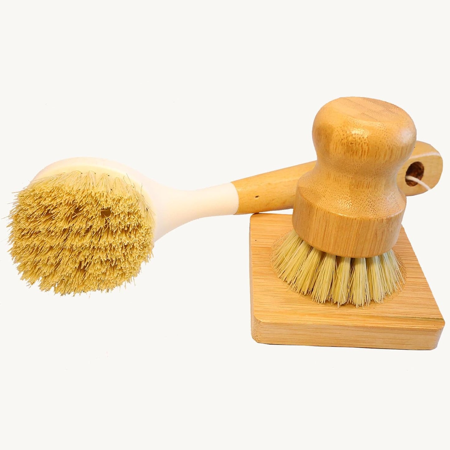 Natural Bristle Dish Brush Set, 1 Wooden Dish Brush and 1 Bamboo Dish Brush with 1 Bamboo Drainer