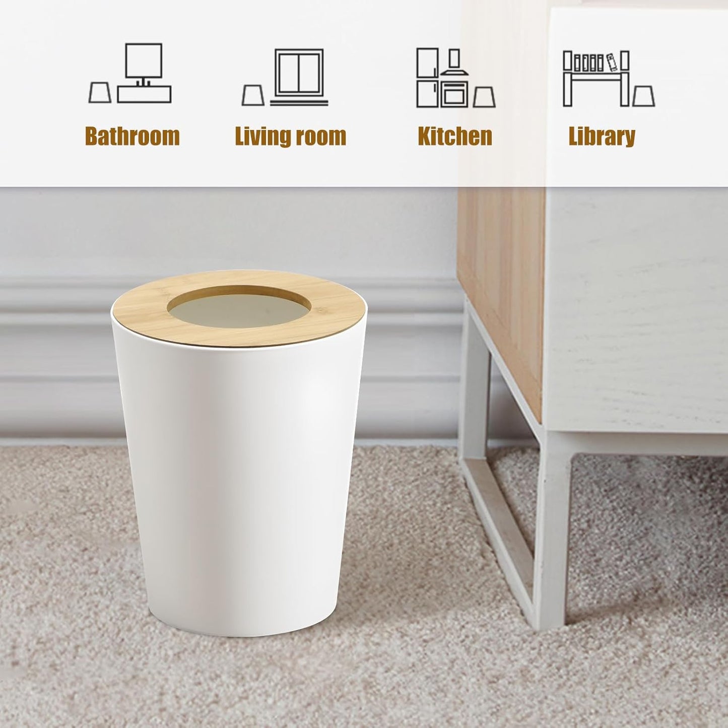 White Trash Can for Bedroom with Bamboo Lid, 2.4 Gallon Open Top Trash Can 2 Pack, Modern Aesthetic