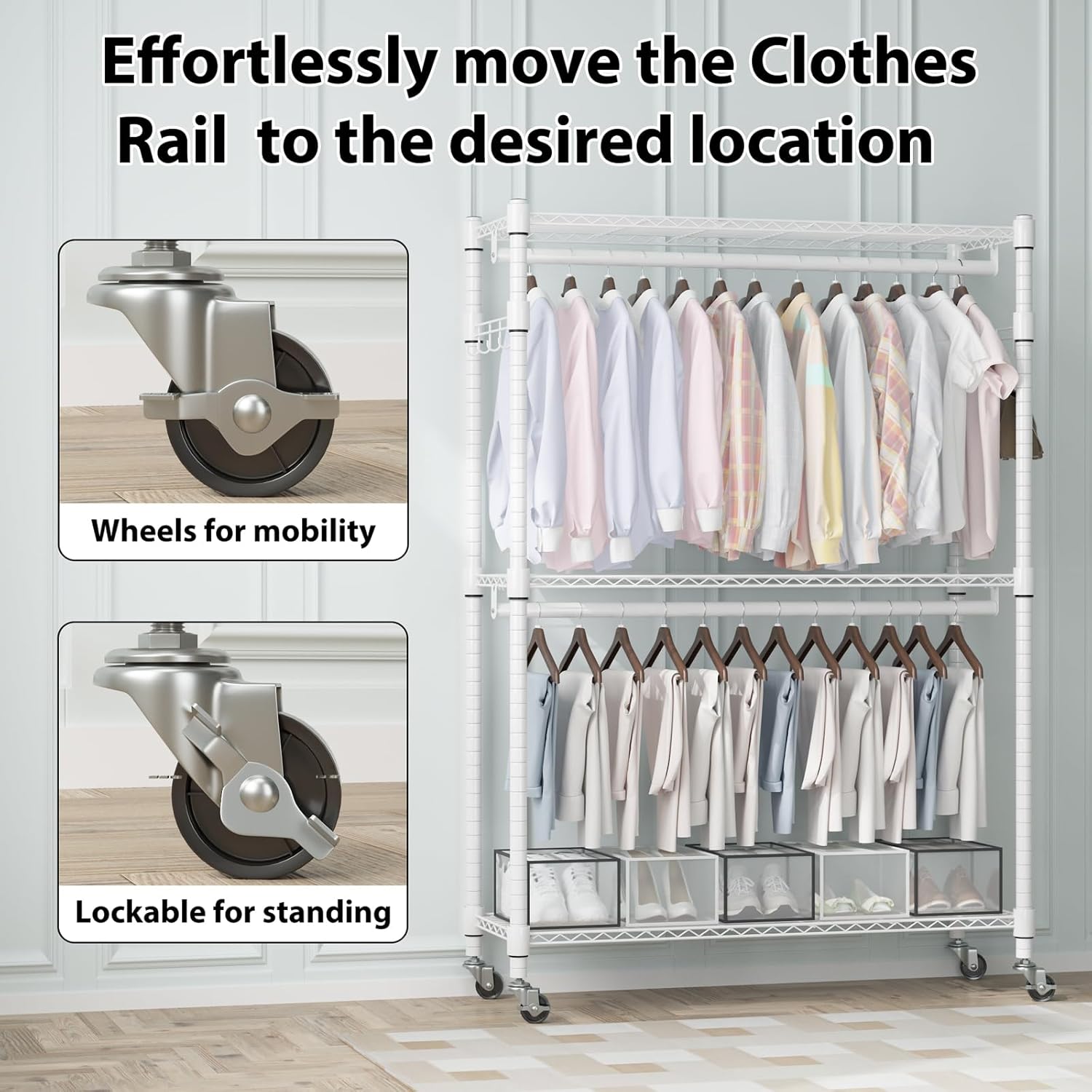 Homdox 3 Tier Heavy Duty Garment Rack with Wheels, Adjustable Wire Clothes Rack with Double Hanging