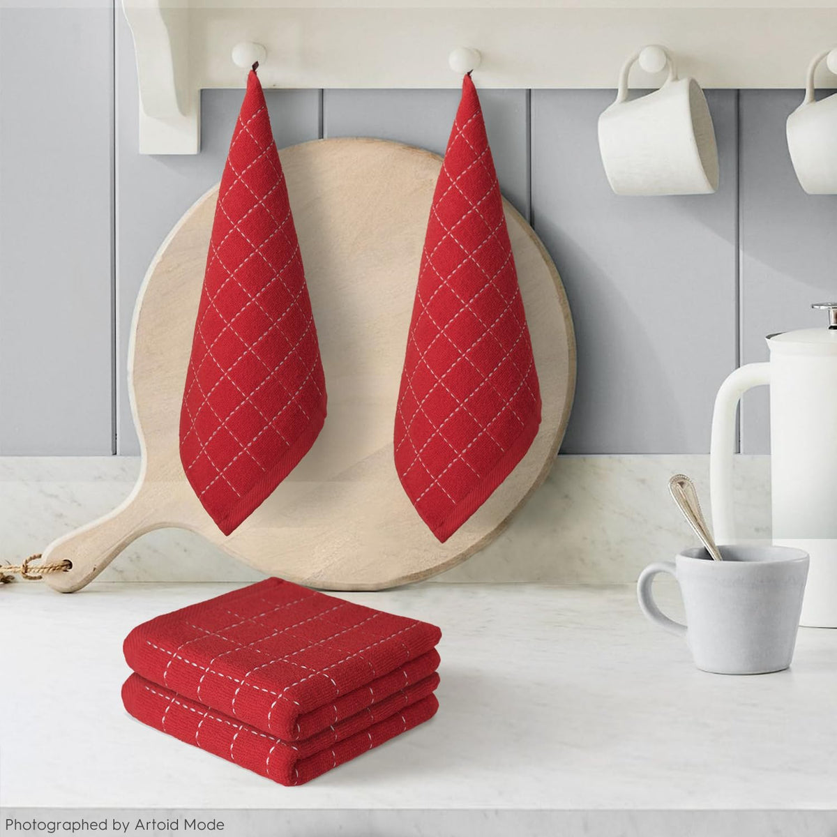 Artoid Mode Checkered Designed Cotton Red Terry Kitchen Dish Cloths, 12x12 Inch Soft Absorbent