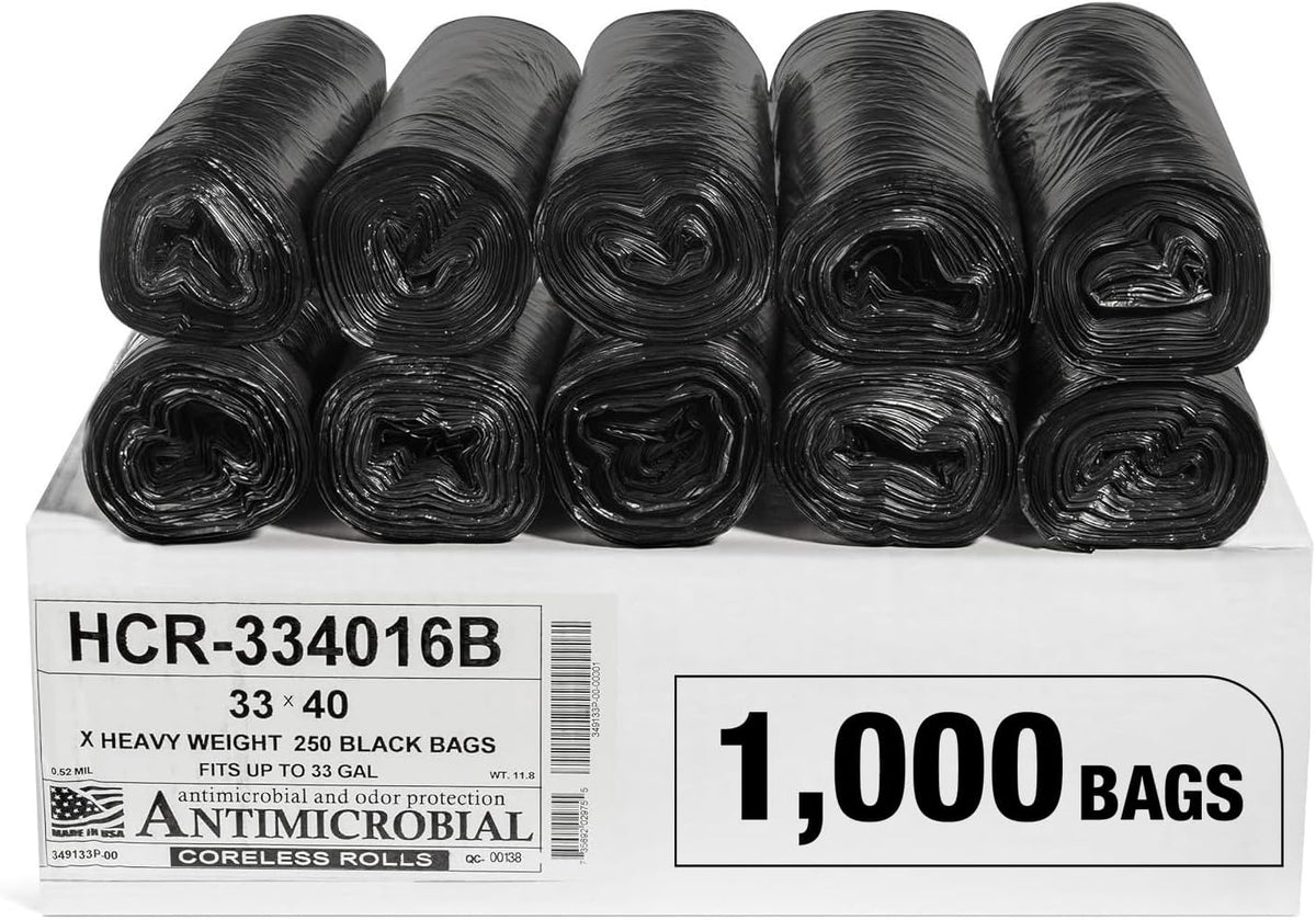 Aluf Plastics High Density Trash Bags, 33 Gallon, 1000 Count, 16 Micron (eq), 33" x 40", Black, for