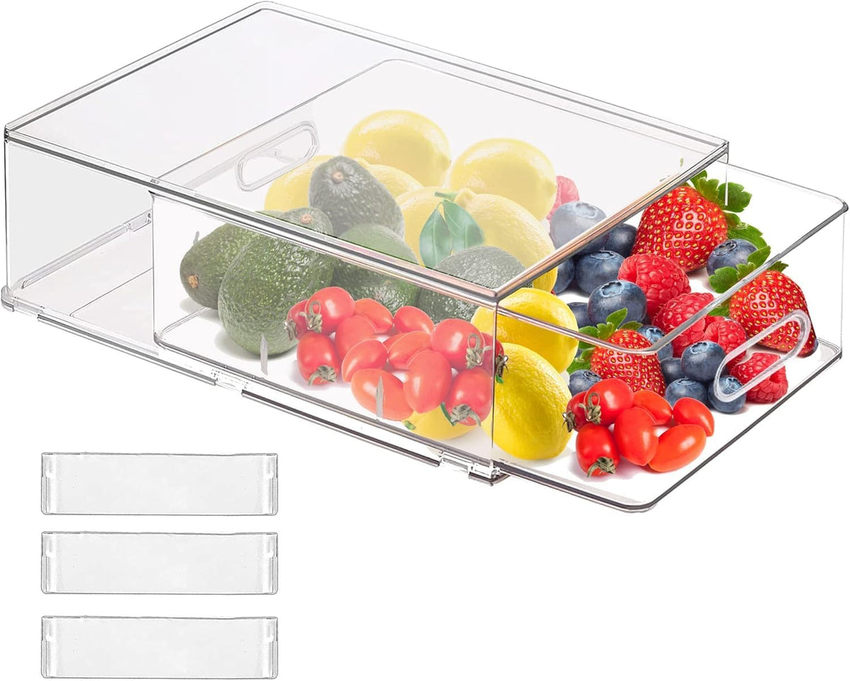 bealy Stackable Clear Storage Drawer with 3 Dividers for Pantry Shelf, Fridge Organizer for Fruit