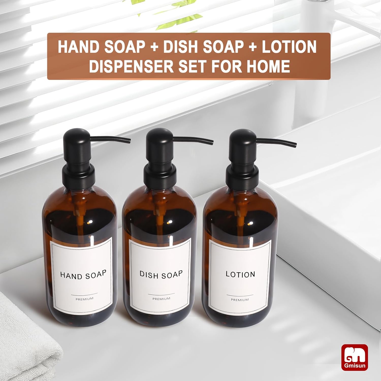 GMISUN Shampoo and Conditioner Dispenser, 3 Pack Amber Glass Bathroom Shampoo Conditioner Body Wash