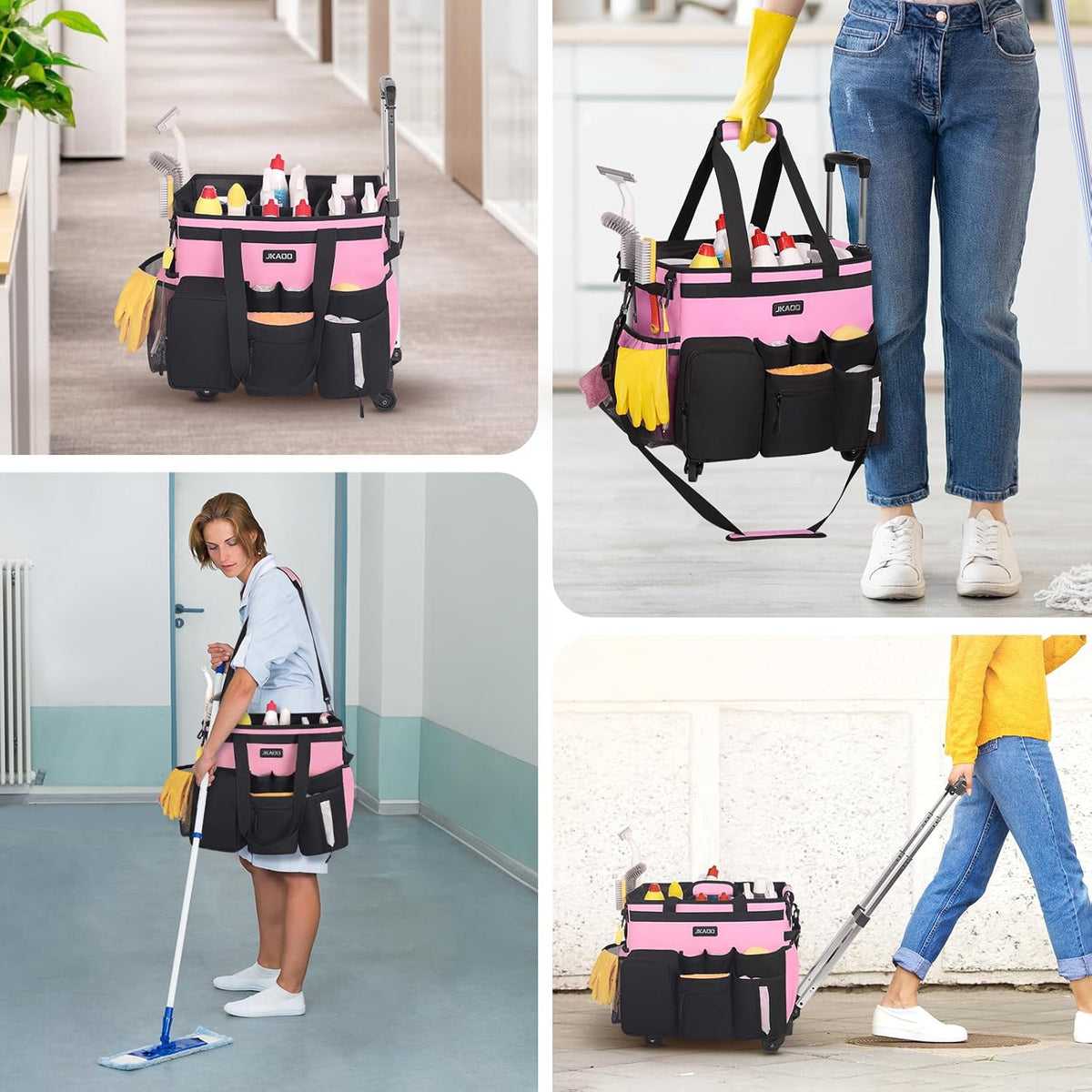 Large Rolling Cleaning Caddy Bag with Detachable Trolley, Waterproof Cleaning Caddy on Wheels for