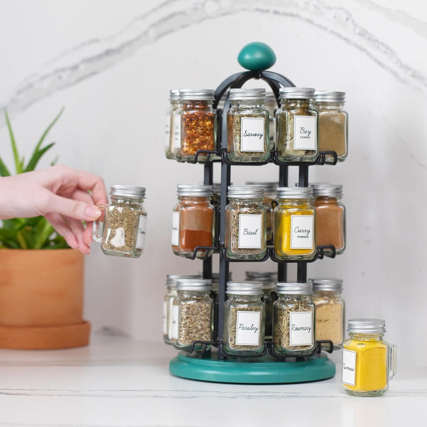 Orii Adrinova 24 Jar Revolving Spice Rack with Spices Included, Spice Organizer for Kitchen