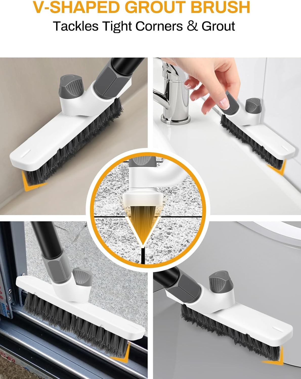 3 in 1 Floor Scrub Brush with Long Handle 55" Push Broom Stiff Bristle Scrubber Brush Squeegee