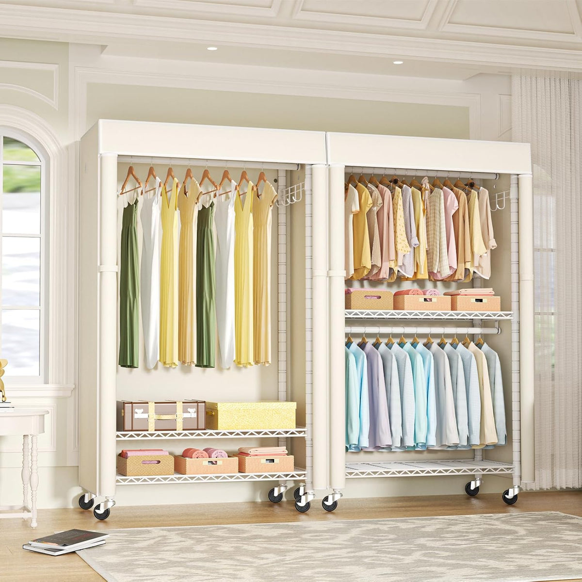 FUTASSI White Clothing Rack with Beige Cover, P1C Rolling Closets with Wheels, Metal Garment Rack