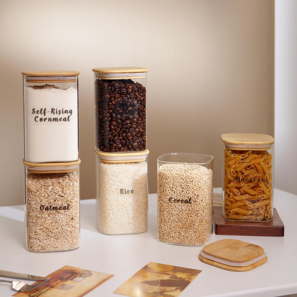 6 Pcs Square Glass Pantry Storage Containers with Bamboo Airtight Lid and 248 Clear Pantry Labels