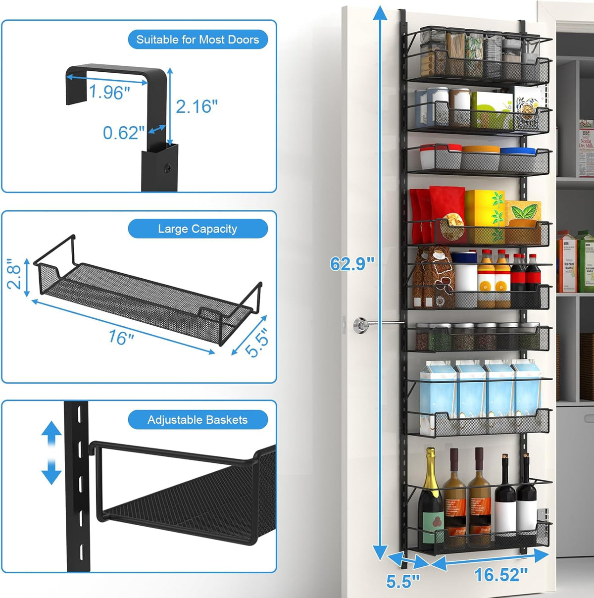 Over the Door Pantry Organizer, 8-Tier Over the Door Organizer with Adjustable Basket, Pantry Door