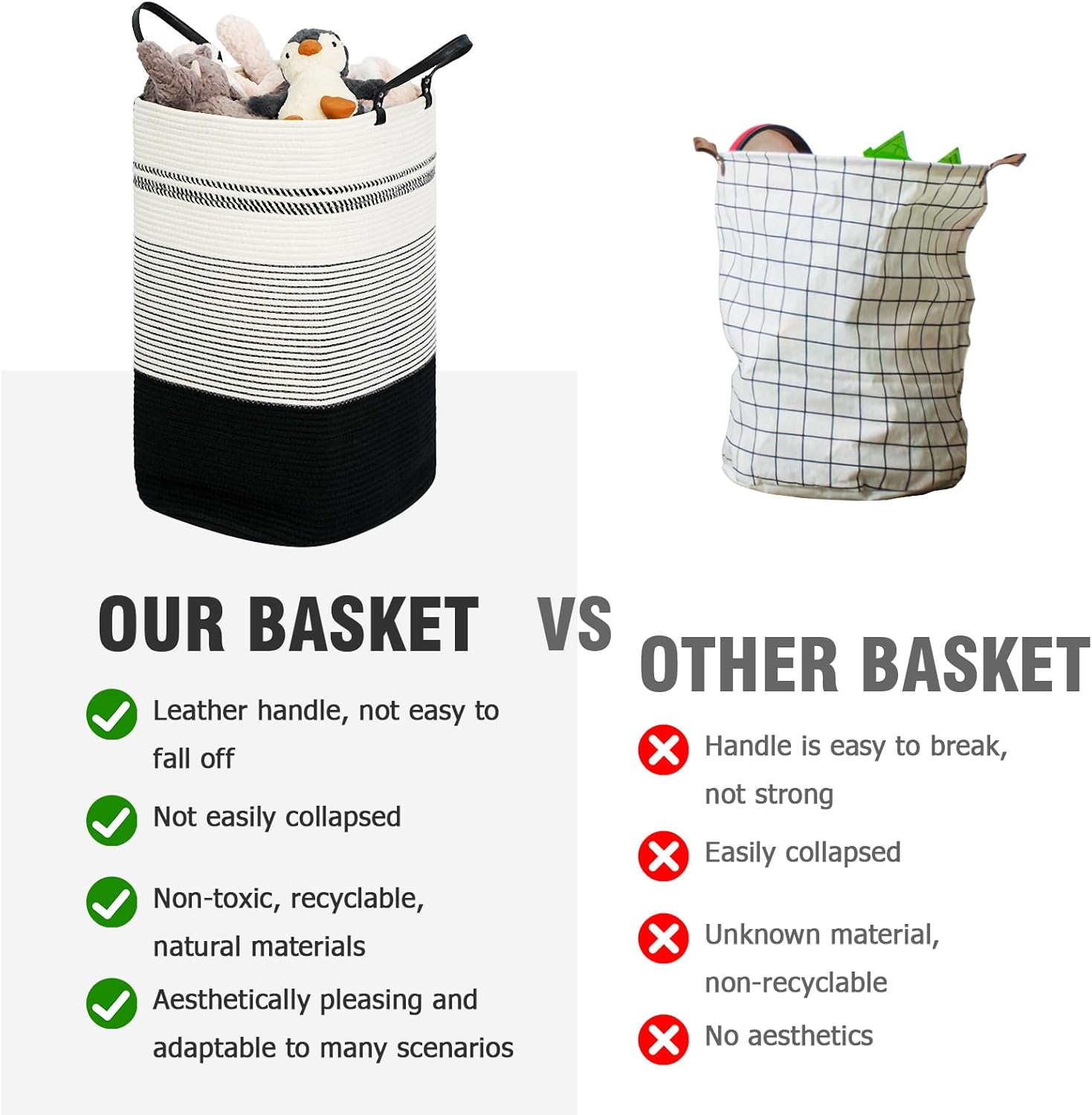 danpinera 75L Woven Laundry Hamper with Long Leather Handles, Baby Laundry Basket for Nursery, Tall