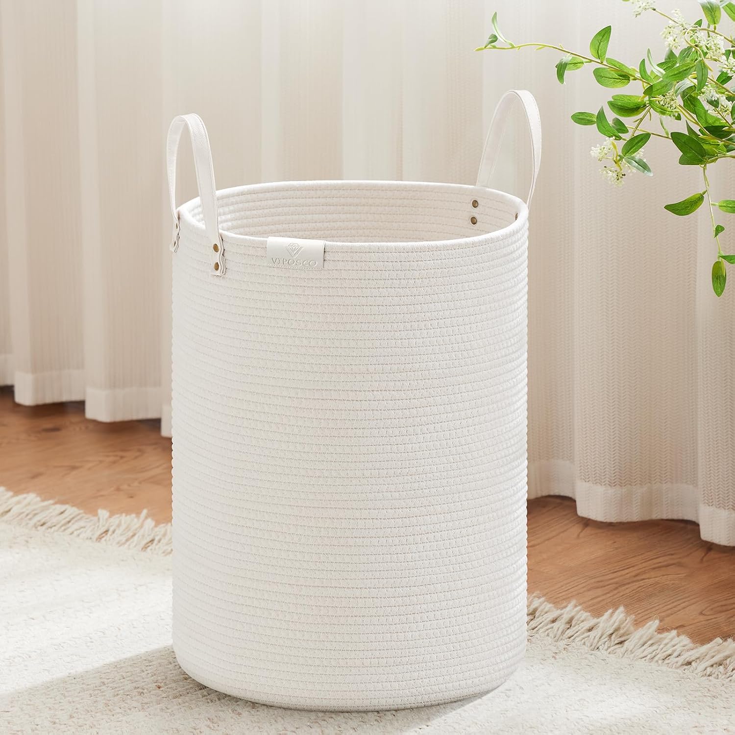 VIPOSCO Tall Laundry Basket, Large Dirty Clothes Hamper with Leather Handle, Woven Rope Storage