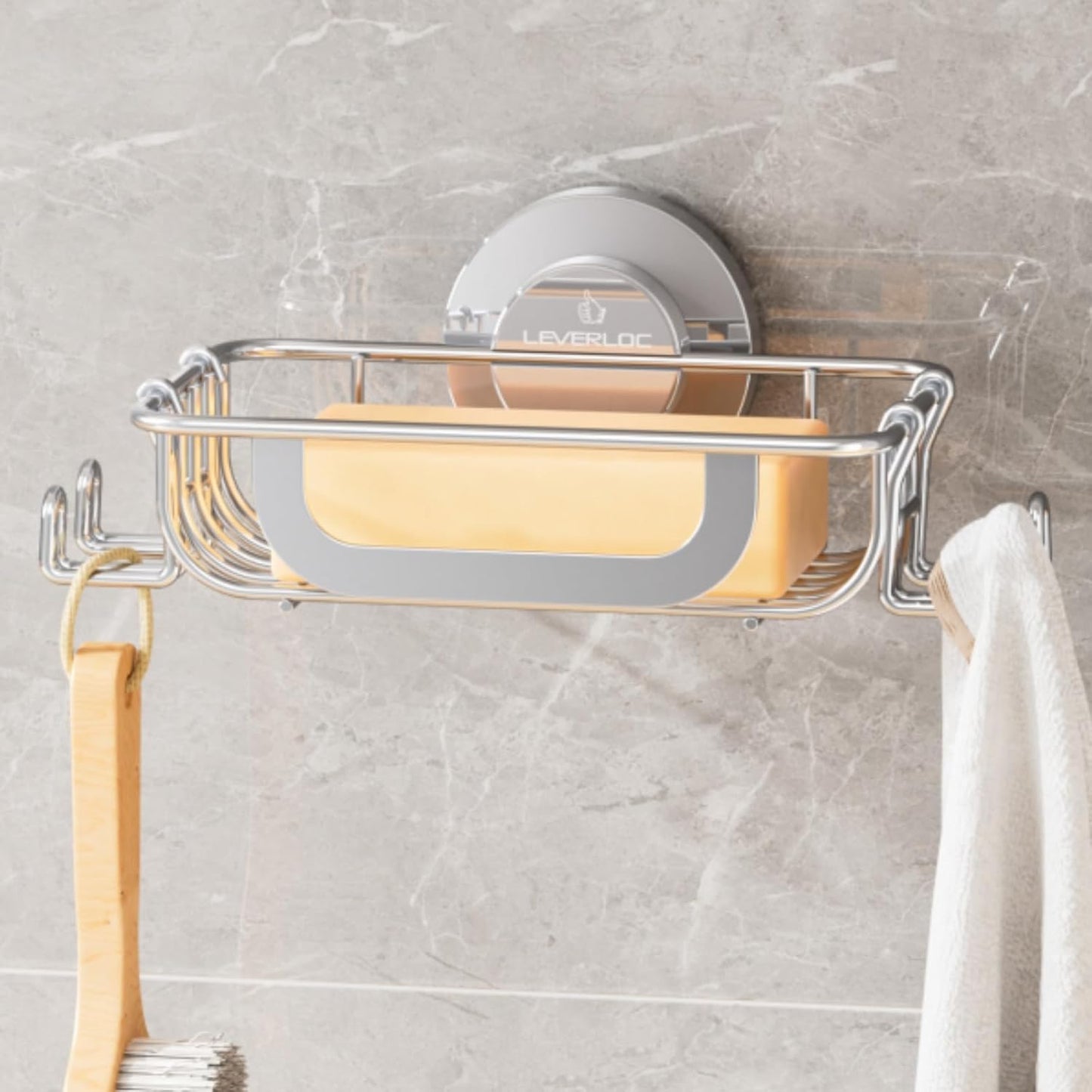 LEVERLOC Bar Soap Holder Dish with Hooks, Soap Tray Suction Cup Wall Mounted for Shower, Stainless