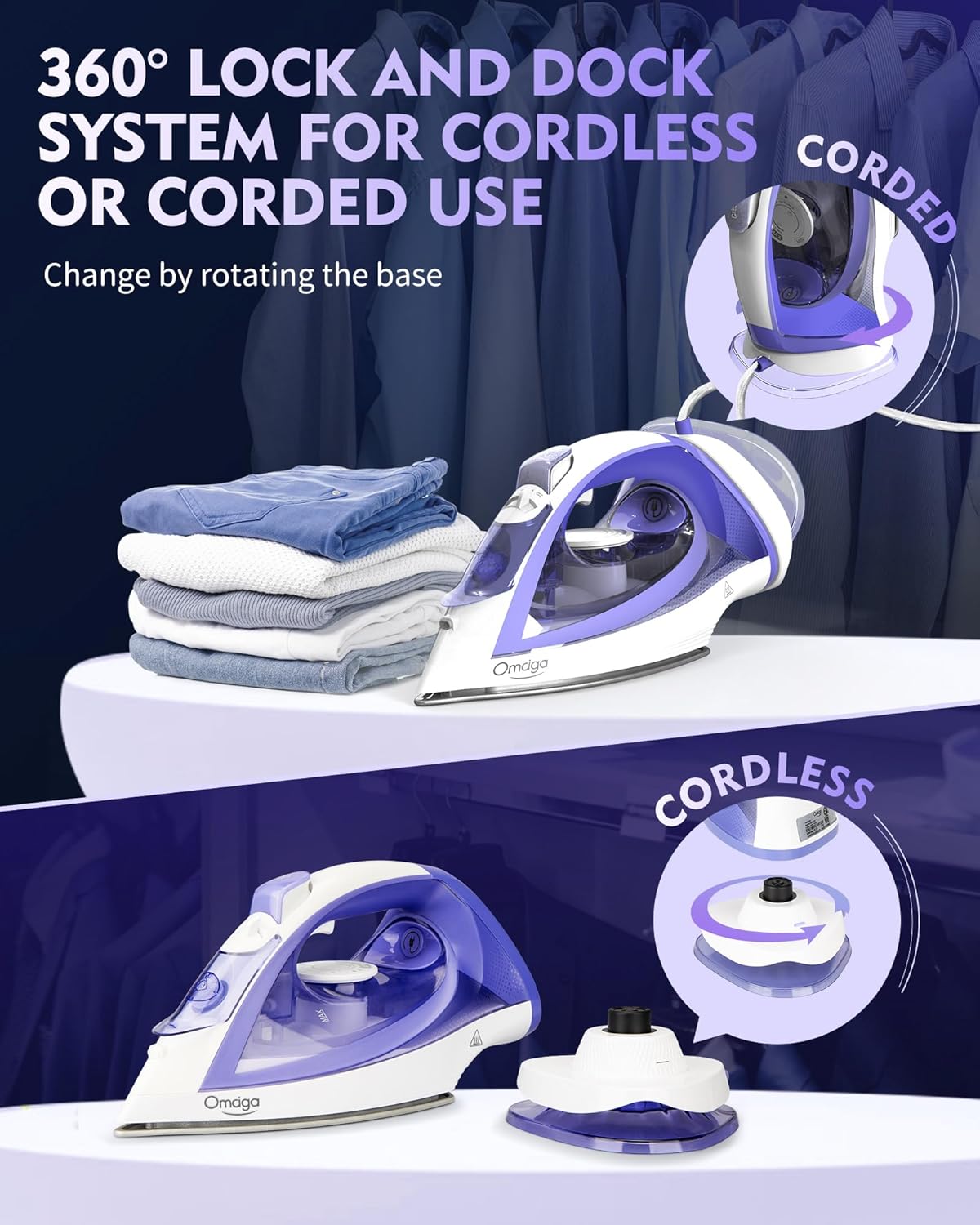 Cordless Iron for Clothes, 1550W 2-In-1 Cordless/Corded Steam Iron Rapid Heating, Ceramic