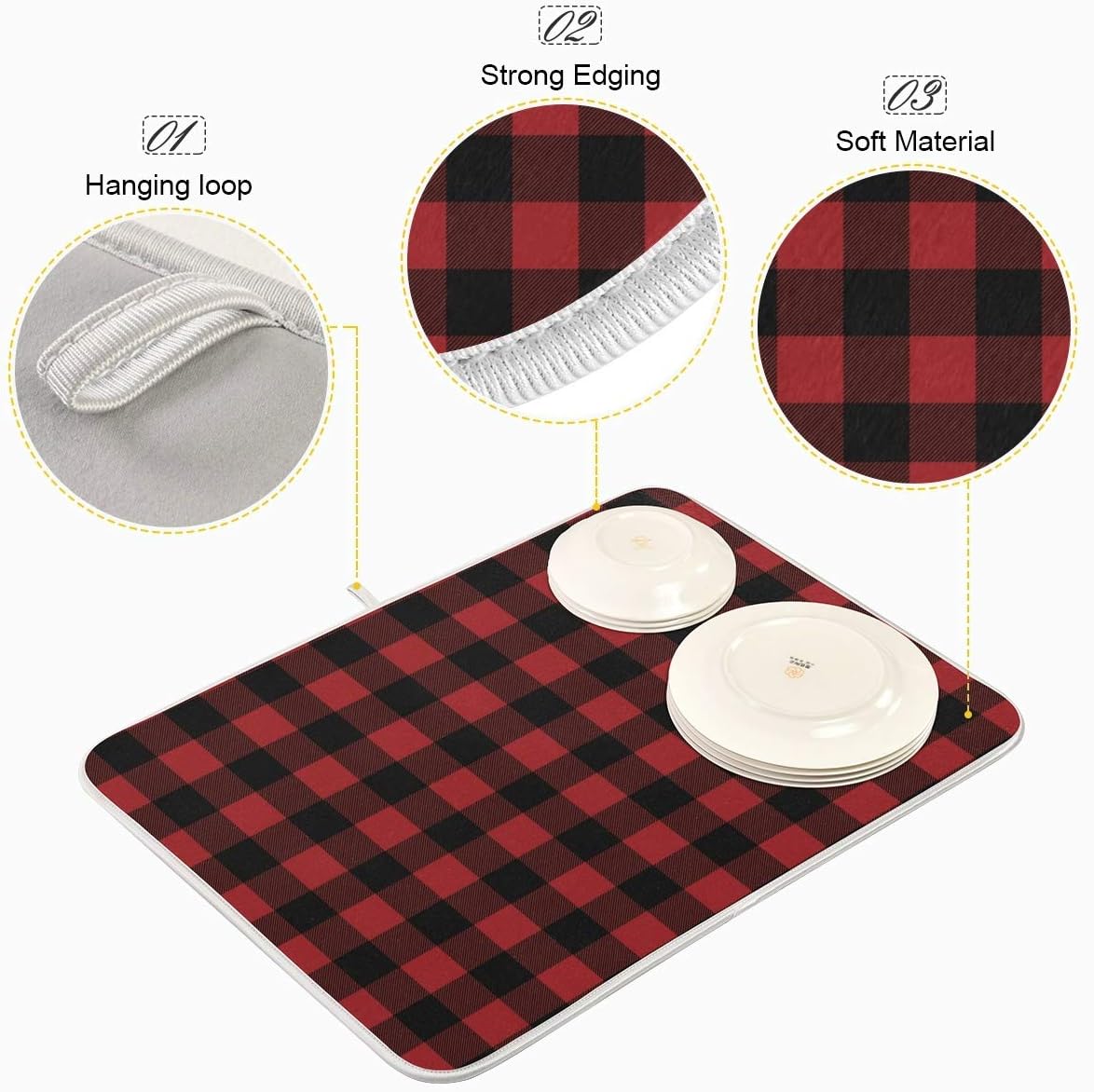 Red and Black Buffalo Plaid Dish Drying Mat 18x24 for Kitchen Merry Christmas Winter Xmas Dishes