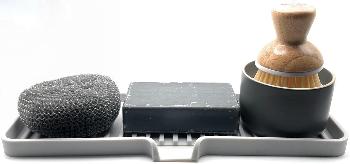 Happitasa Silicone Soap Dish Tray and Sponge Holder with Drain Chute | Bathroom and Kitchen Sink