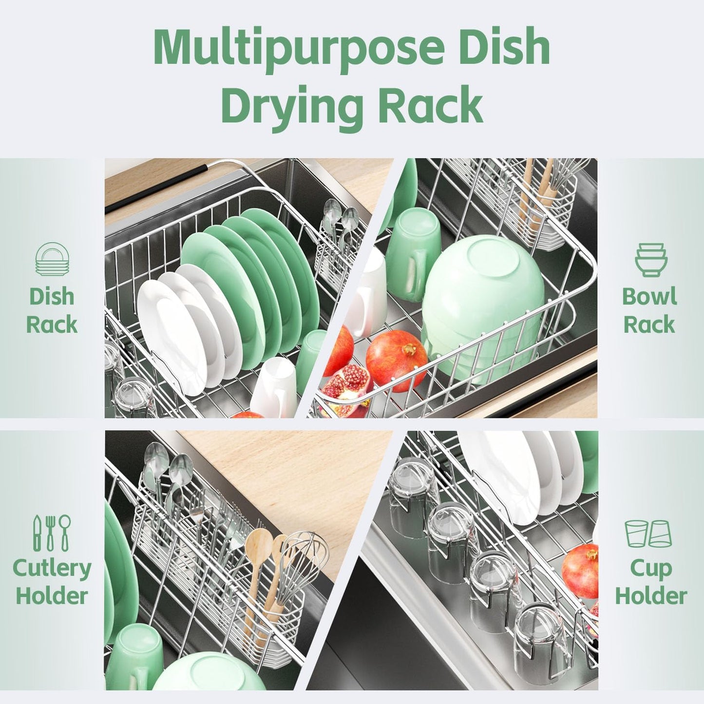 Dish Drying Rack in Sink, Extendable Stainless Steel Dish Drainers for Kitchen Counter, Anti-Rust
