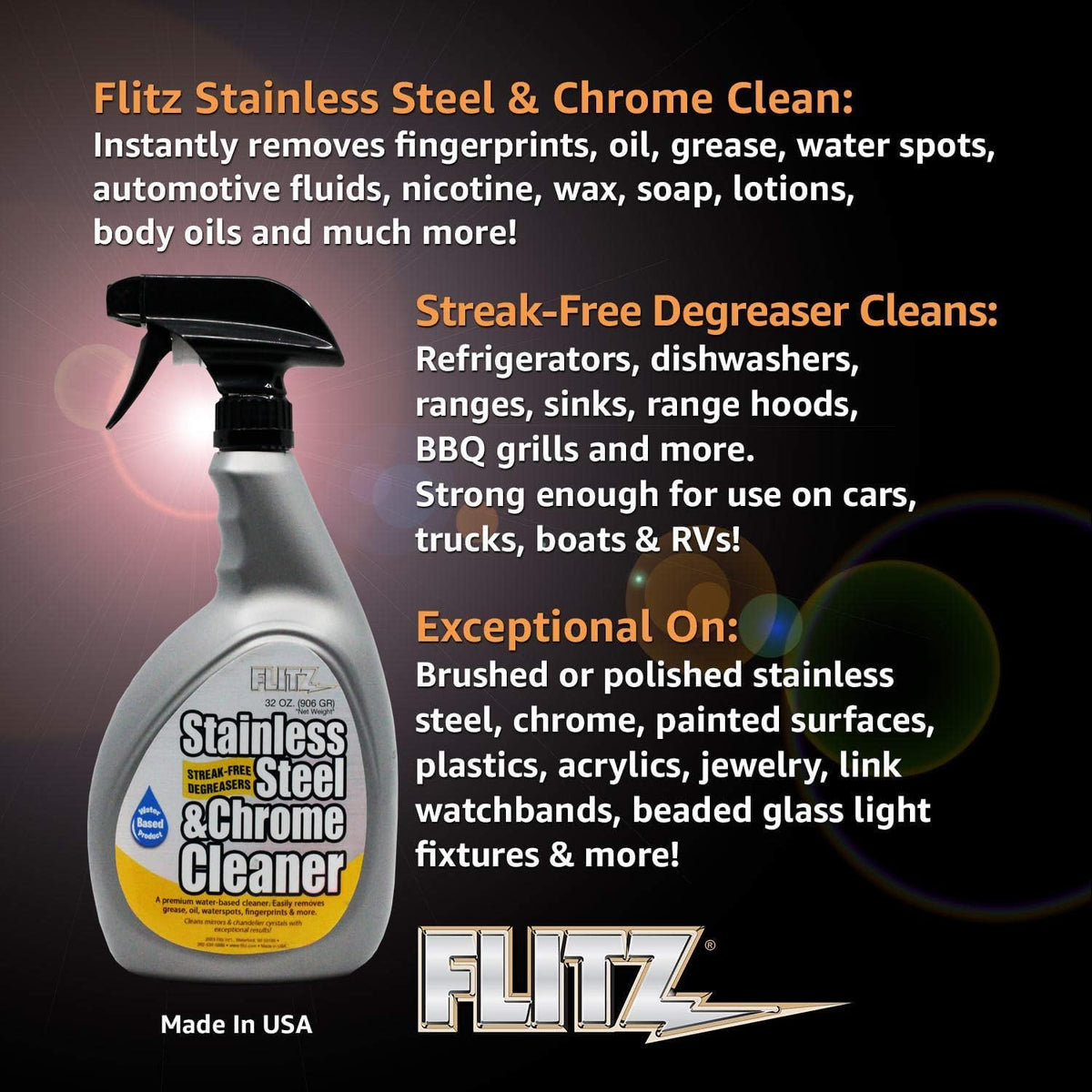 Flitz Stainless Steel & Chrome Clean - 32oz Bottle, USA-Made Stainless Steel Cleaner Spray for