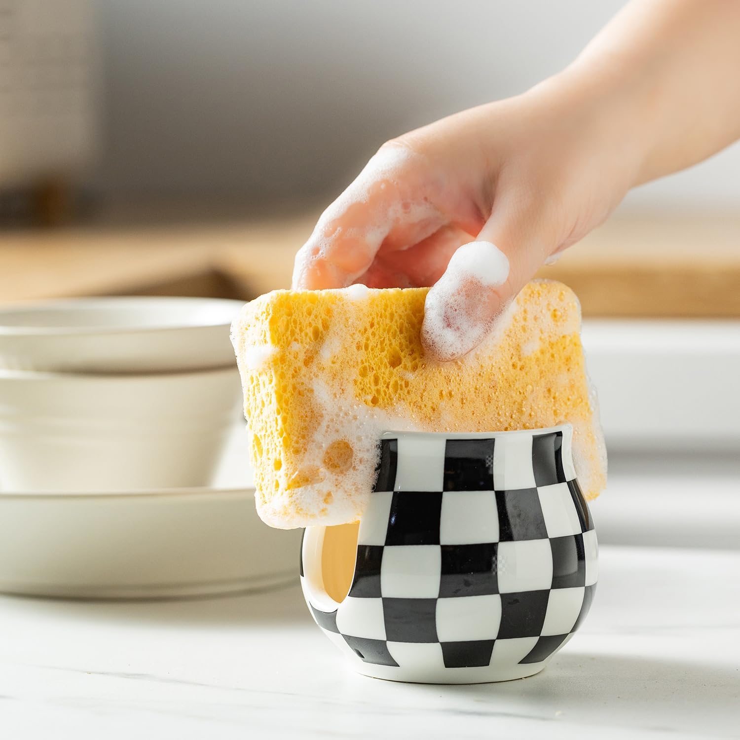 Checkered Sponge Holder for Kitchen Sink, Ceramic Dish Sponge Dish Rack Scrubby Holder Kitchen