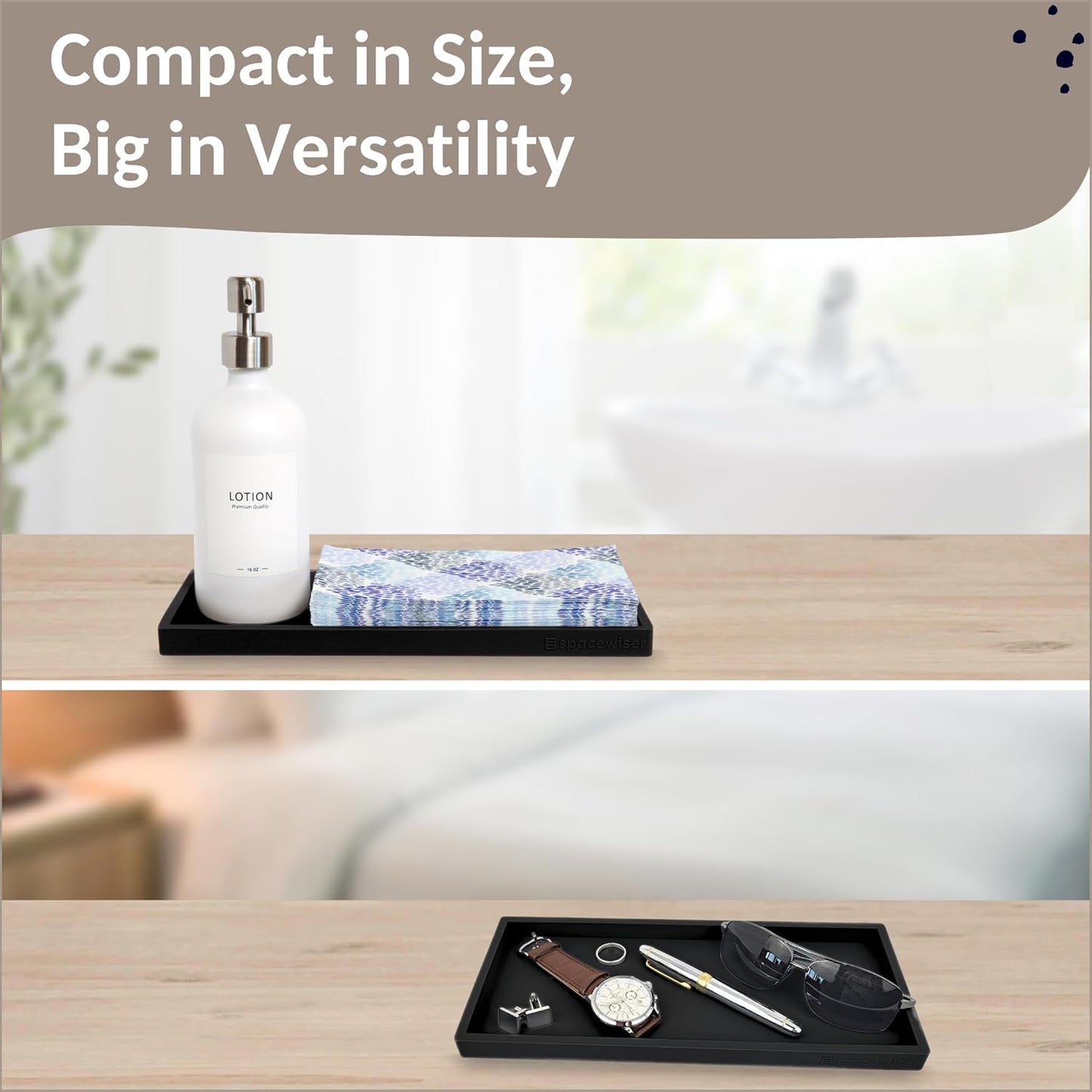 Countertop and Vanity Tray - 2 PC Large 11.7" Silicone Bathroom Trays, Counter Organizer, Dish Soap