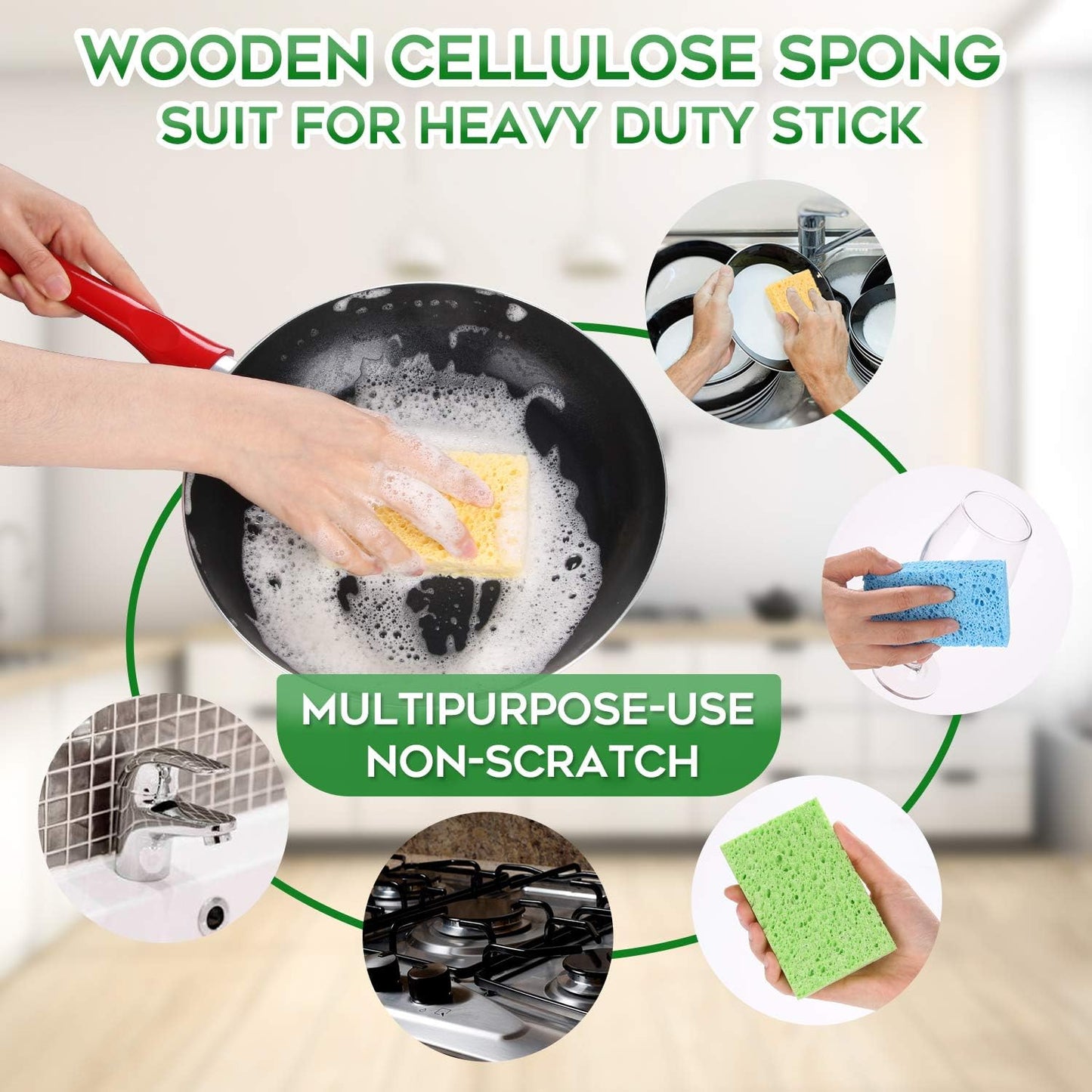 Cleaning Scrub Colored Sponge,Non-Scratch Kitchen Cellulose Dishwashing Sponge,16Pack Biodegradable