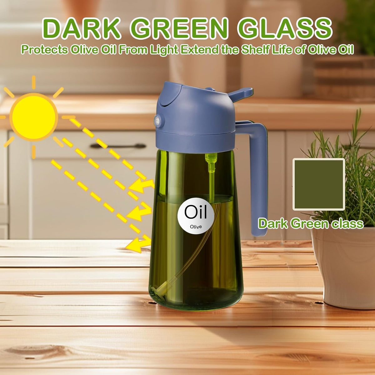 YARRAMATE 16oz/470ml Dark Green Oil Sprayer for Cooking with Stickers, Food-grade Premium 2 in 1