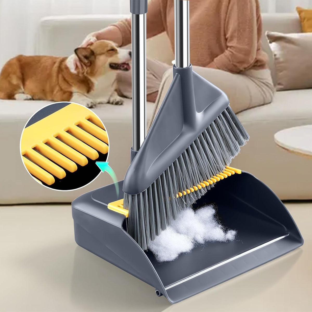 Broom and Dustpan Set for Home with 52 Inch Long Angled Handle - Stand Up Dustpan No Warping Metal