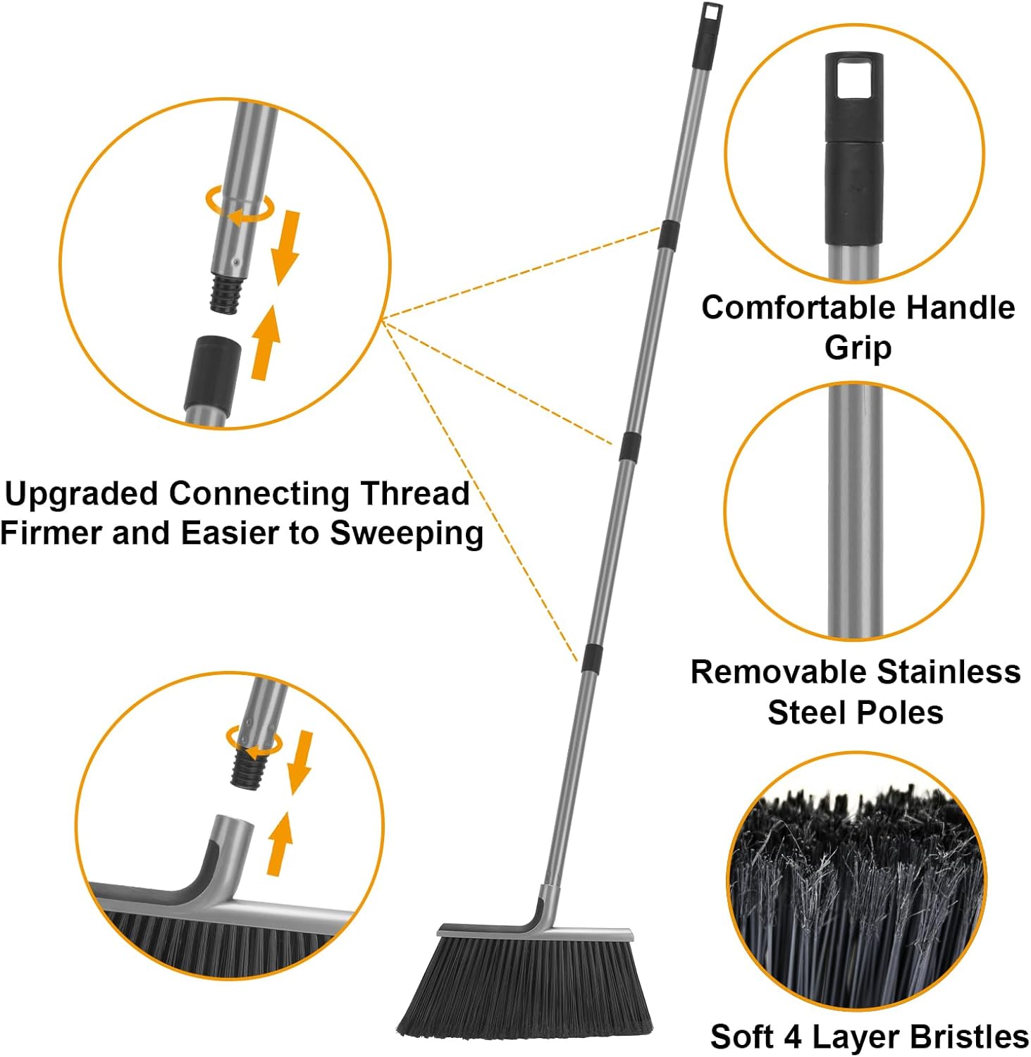 KeFanta 4 Packs Outdoor Broom Heavy Duty with 55" Long Handle, Commercial Brooms for Sweeping