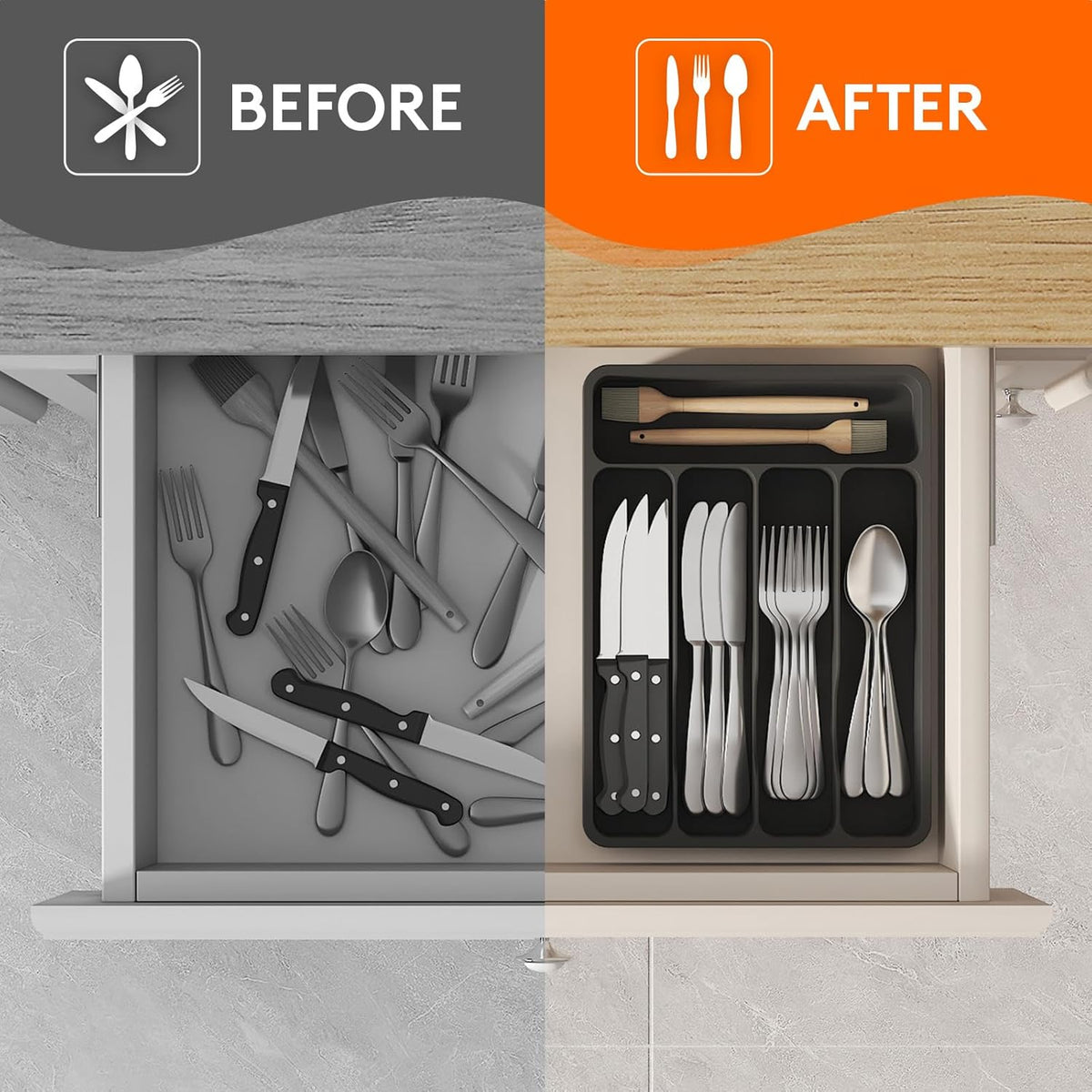 Lifewit Silverware Drawer Organizer Tray, Plastic Cutlery Storage for Kitchen Drawer, Flatware and