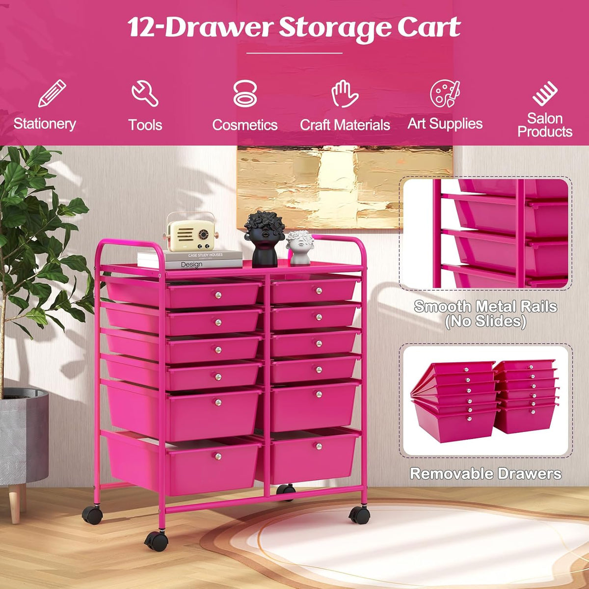 GOFLAME 12-Drawer Rolling Storage Cart, Multipurpose Organizer Cart with 2 Sizes Plastic Drawers