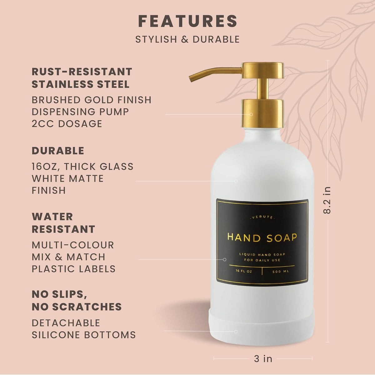 16oz Glass Soap Dispenser with Stainless Steel Pump, 21 Waterproof Labels, Non-Slip Protective