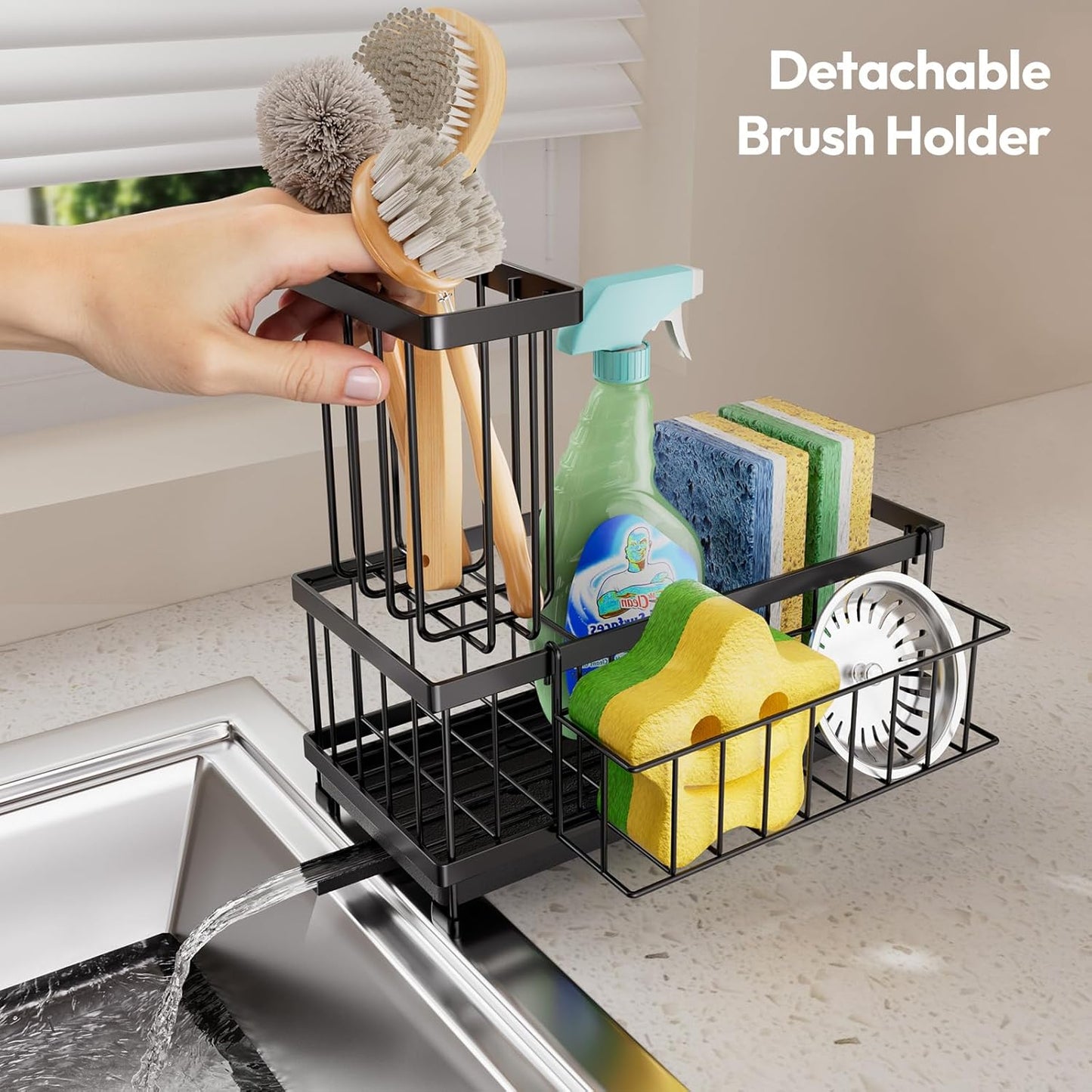 SWTYMIKI Sink Caddy Sponge Holder - Large Sponge Holder for Kitchen Sink with 360°Auto-Drain Tray