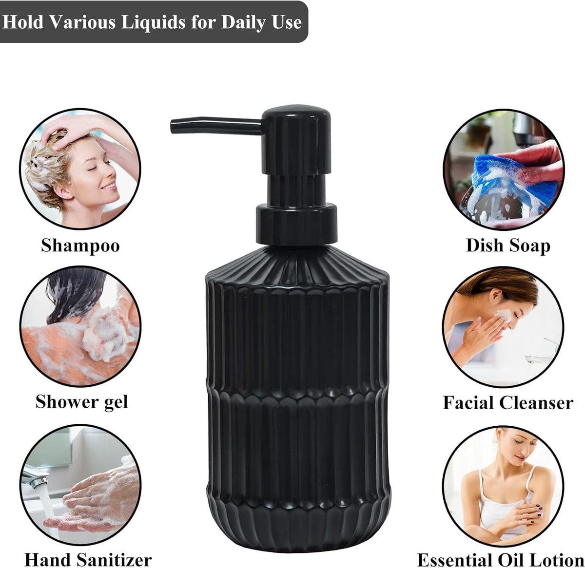 Black Glass Soap Dispenser with Pump, 15oz Refillable Liquid Hand Soap Dispenser, Lotion Dish Soap