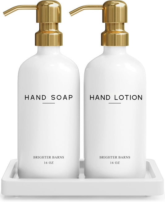 Luxury Glass Soap and Lotion Dispenser Set with Tray by Brighter Barns - Hand Soap Dispenser