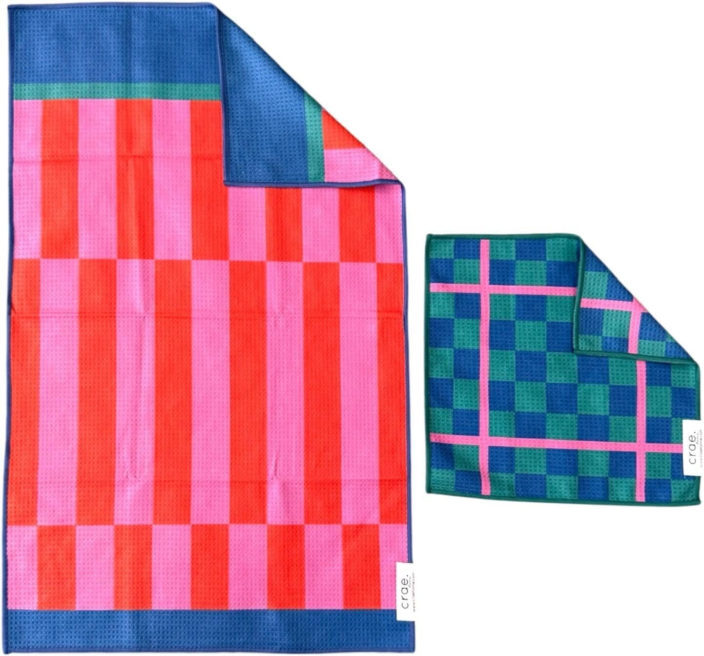 Microfiber Hand Towel & Washcloth Set of 2 - Double-Sided, Waffle Weave, Super Absorbent