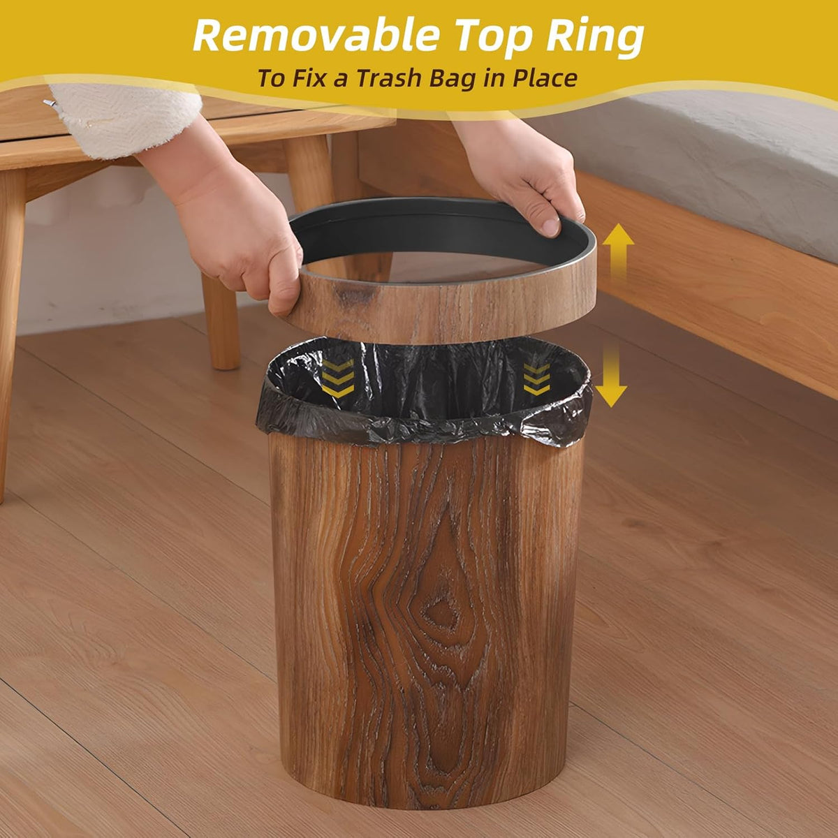 Wood Grain Plastic Trash Can Bedroom, Round 2-Pack, 3.4 Gal Farmhouse Wastebasket Bin Retro Style
